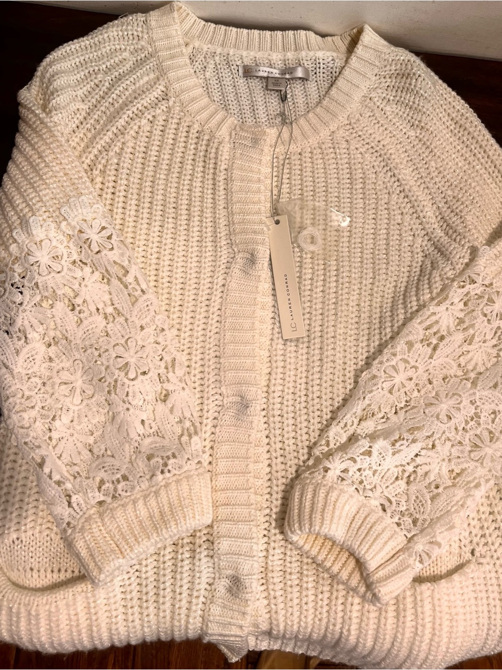 Chunky Knit Crochet Floral Long Sleeves Oversized Cream Cottagecore Cardigan - Picture 6 of 12